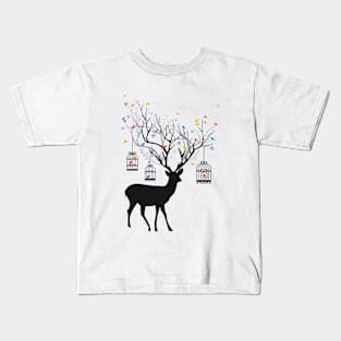 Deer with birds and birdcages Kids T-Shirt